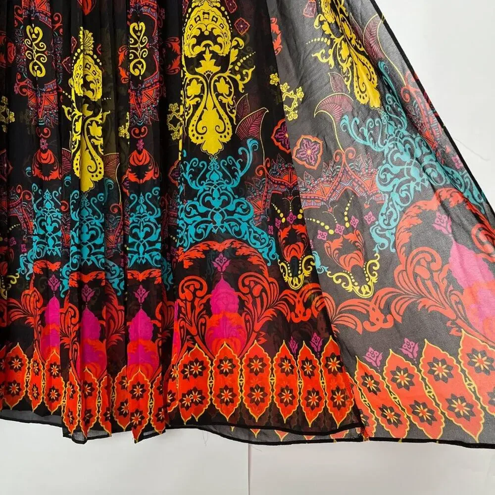 Bebe Maxi Skirt Pleated Chiffon Flowy Boho Colorful Bohemian Size 8 Black Multi